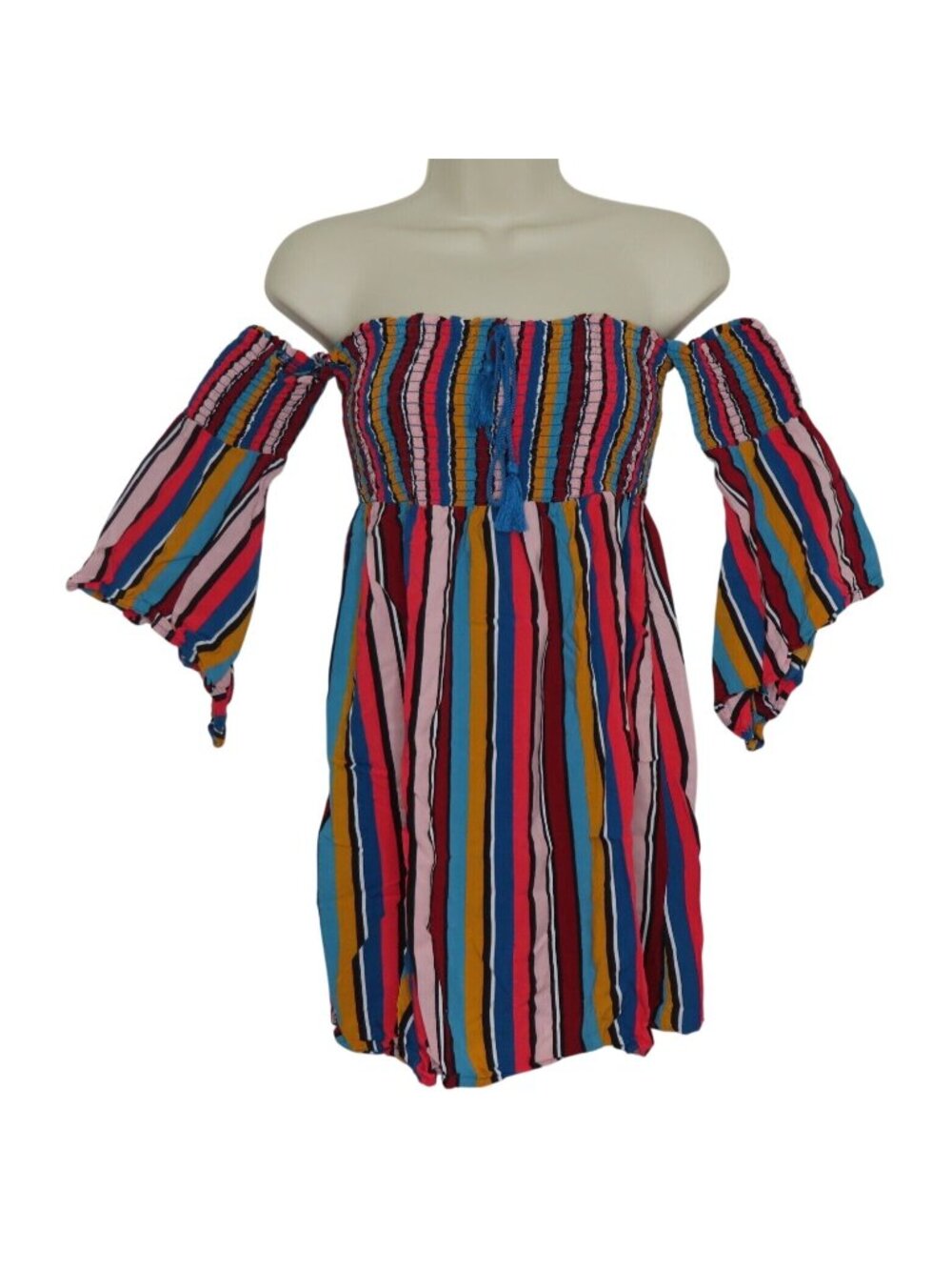 GUESS Womens XS Off Shoulder Vertical Striped Multicolor Smocked Dress Sundress